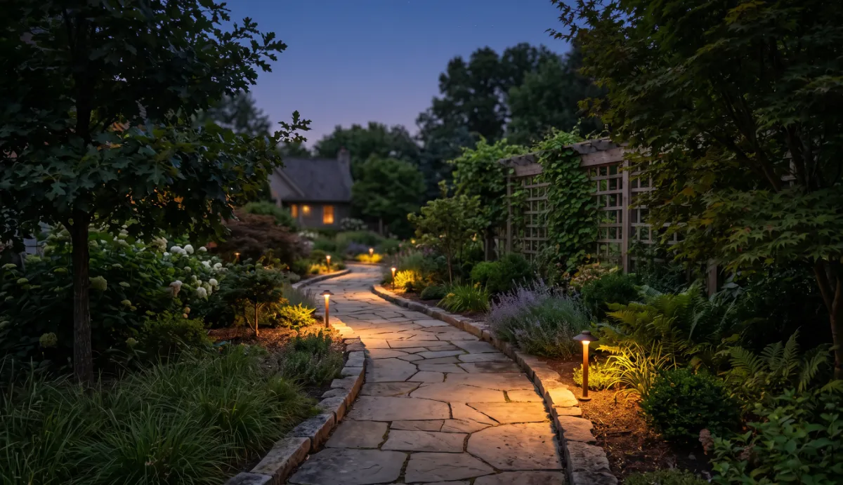 Gentle motion-activated lighting along a night-time walkway