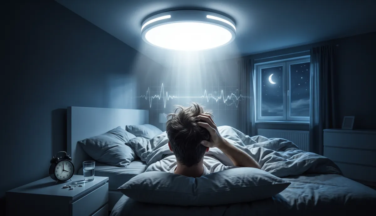 A dark bedroom lit by a harsh overhead ceiling fixture